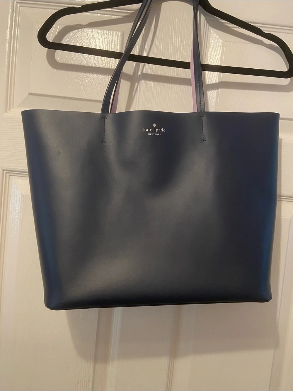 kate spade navy leather tote with purple -lined straps